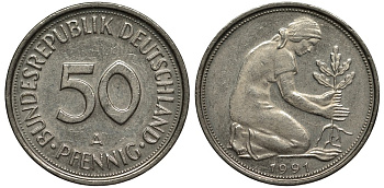 ФРГ 50 пфеннигов 1991 А, монетный двор Берлин KM 109.2, J. 384а медно-никель 186-833