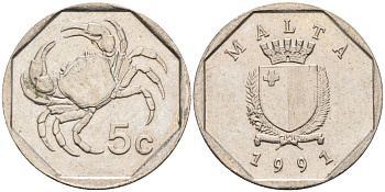 Мальта 5 центов 1991 краб KM 95 медно-никель 4588-118