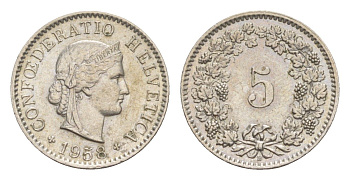 Швейцария 5 раппенов 1958 B KM 26 медно-никель 4643-336