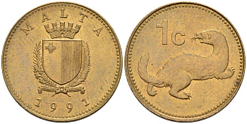 Мальта 1 цент 1991 ласка, горностай KM 93 никель латунь 4516-336