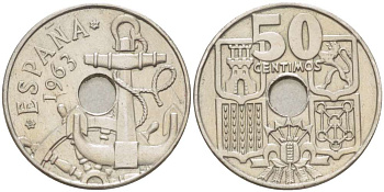 ИСПАНИЯ 50 СЕНТИМО 1963 (64) ФРАНСИСКО ФРАНКО ДИКТАТОР ИСПАНИИ (1939- 1975) , МОРСКАЯ АТРИБУТИКА KM 777 медно-никель 4519-856