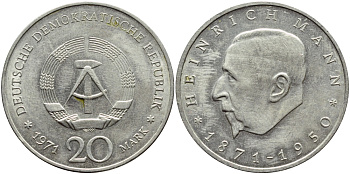 ГДР 20 марок 1971 А, 100 лет со дня рождения Генриха Манна (1871-1950) KM 33, J. 1531 медно-никель 4394-326
