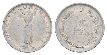 Турция 25 курушей 1962 KM 892.2 нержавеющая сталь 4648-656