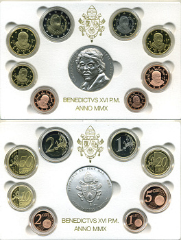 Ватикан евронабор из 8 монет + серебряная медаль 2010 Бенедикт XVI, в оригинальной коробке, с сертификатом KM PS 23 биметалл PROOF 5-4-6-02