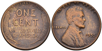 США 1 цент 1955 Линкольн KM A132 бронза 4580-366