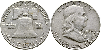 США 1/2 ДОЛЛАРА ( 50 ЦЕНТОВ ) 1963 D, ФРАНКЛИН, КОЛОКОЛ KM 199 серебро 00-00