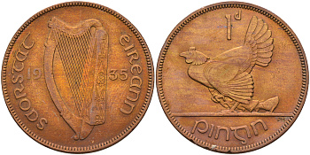 Ирландия 1 пенни 1935 курица с цыплятами KM 3 бронза 4367-1214