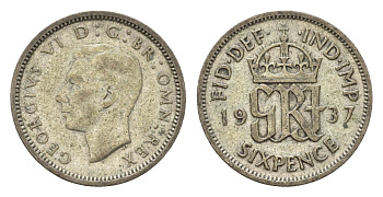 Великобритания 6 пенсов 1937 Георг VI (1936-1952) KM 852, Spink 4084 серебро 4644-1015