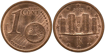 Италия 1 евроцент 2002 KM 210 сталь плакированная медью 218-1224