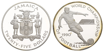 Ямайка 25 долларов 1990 Чемпионат мира по футболу 1990, Италия KM 142 серебро PROOF 1083-2-43
