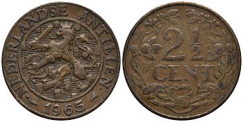 Нидерландские Антилы 2 1/2 цента 1965 Юлиана (1948-1980) KM 5 бронза 4579-912