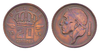 Бельгия 20 сантимов 1954 Belgie, Бодуэн I (1951-1993) KM 147 бронза 4169-834