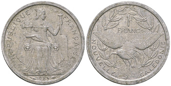 Французская Новая Каледония 1 франк 1985 птица кагу, (IEOM) KM 10, Schoen 10, Lec 47 алюминий 51-2926