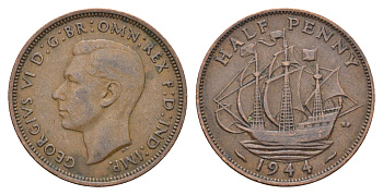 Великобритания 1/2 пенни 1944 Георг VI (1936-1952) KM 844, Spink 4115 бронза    4660-621