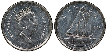 Канада 10 центов 1998 парусник, Елизавета II (1952-) KM 183 никель 4124-522