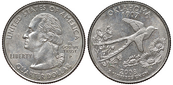 США 25 центов = квотер 2008 P, серия штаты США, Оклахома KM 421 медь плакированная медно-никелем 4525-435