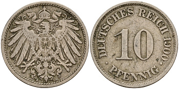 Германия 10 пфеннигов 1900 A J. 13,  KM 12 медно-никель    4603-556