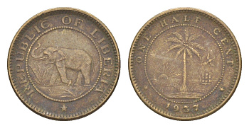 Либерия 1/2 цента 1937 KM 10 латунь 4614-948