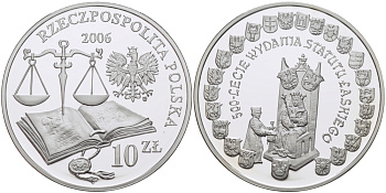 Польша 10 злотых 2006 MW, 500 лет провозглашения статута Яна Лаского, весы, свод польских законов KM 890 серебро PROOF 1087-7-23
