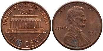 США 1 ЦЕНТ 1991 ЛИНКОЛЬН KM 201b цинк плакированный медью 66-1039