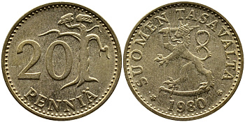 ФИНЛЯНДИЯ 20 ПЕННИ 1980 К KM 47 алюминиевая бронза 4382-1035