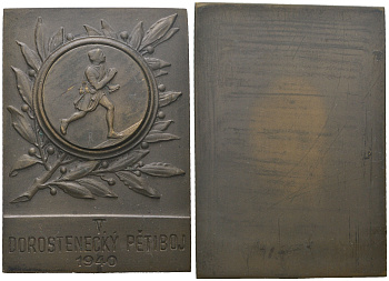 Чехословакия плакета 1940 V соревнований по юниорскому пятиборью, 65,86 гр.,размеры 59,5×42,1 мм.  бронза    1068-9-43