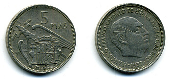 ИСПАНИЯ 5 ПЕСЕТ 1957 (65) ФРАНСИСКО ФРАНКО ДИКТАТОР ИСПАНИИ (1939-1975) KM 786 медно-никель 56-1042