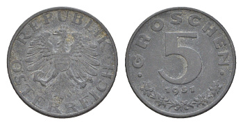 Австрия 5 грошей 1951 KM 2875 цинк 4567-152