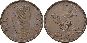Ирландия 1 пенни 1968 курица с цыплятами KM 11 бронза 4144-1125