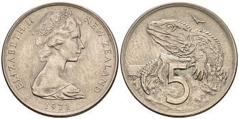 Новая Зеландия 5 центов 1971 Елизавета II (1952-2022), ящерица гаттерия KM 34.1 медно-никель 4602-652