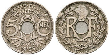 Франция 5 сантимов 1923 KM 875 медно-никель 4596-564