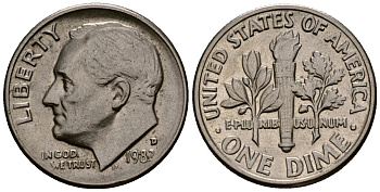 США 10 центов (дайм) 1982 D, Рузвельт KM 195a медь плакированная медно-никелем 4164-951