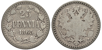 РОССИЯ ДЛЯ ФИНЛЯНДИИ 25 ПЕННИ 1865 S, АЛЕКСАНДР II KM 6.1, Биткин 641 серебро 443-742