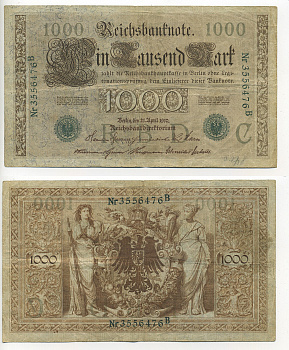 ГЕРМАНИЯ 1000 МАРОК 1910 ЗЕЛЕНАЯ ПЕЧАТЬ, 7 ЦИФР В НОМЕРЕ Pick 45b бумага 7217-38-1