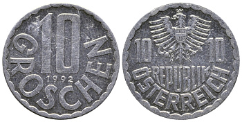 АВСТРИЯ 10 ГРОШЕЙ 1992 KM 2878 алюминий 53-613