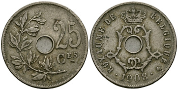 Бельгия 25 сантимов 1908 Belgique KM 62 медно-никель 4168-1142
