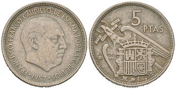 Испания 5 песет 1957 (68) Франсиско Франко (1939-1975) KM 786 медно-никель 4616-1141