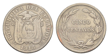 Эквадор 5 сентаво 1918 KM 60.2 медно-никель 4640-1066