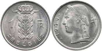 БЕЛЬГИЯ 1 ФРАНК 1966 BELGIE KM 143.1 медно-никель 65-1135