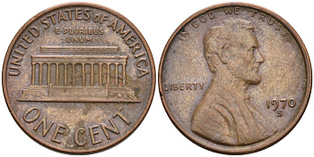 США 1 цент 1970 S, Линкольн KM 201 медь цинк 4115-859