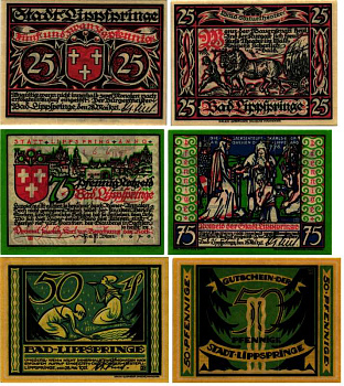 БАД-ЛИПШПРИНГЕ НАБОР ИЗ 3 БАНКНОТ (25, 50, 75 ПФЕННИГОВ) 1921 28 МАЯ 1921, НОТГЕЛЬД, ЗЕМЛЯ СЕВЕРНЫЙ РЕЙН-ВЕСТФАЛИЯ Keller 805.1 бумага 6318-12-2-1