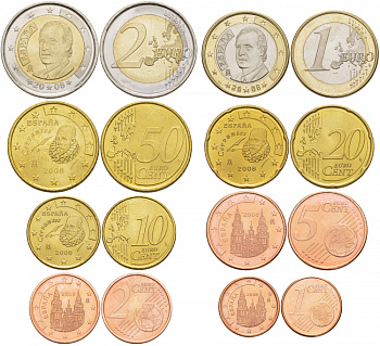 Испания евронабор из 8 монет 2008 1, 2, 5, 10, 20, 50 евроцентов, 1 и 2 евро KM 1040, 1041, 1042, 1070, 1071, 1072, 1073, 1074 N6-10