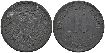 Германия 10 пфеннигов 1921 KM 26 цинк 4171-256