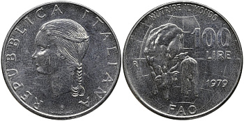 Италия 100 лир 1979 R, FAO, корова с теленком KM 106 нержавеющая сталь 4165-112