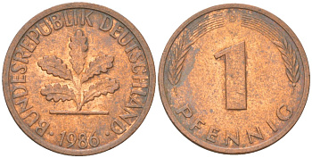 ФРГ 1 пфенниг 1986 D KM 105 сталь плакированная медью 4613-1213