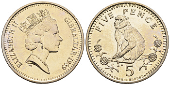 Гибралтар 5 пенсов 1989 АВ обезьяна KM 22 медно-никель UNC 87-551