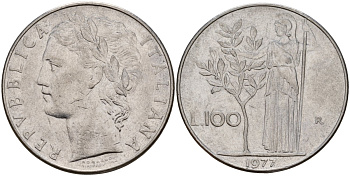 Италия 100 лир 1977 R, Афина у оливкого дерева KM 96.1 нержавеющая сталь 4149-1222