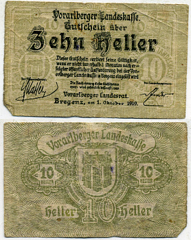 ФОРАРАЛЬБЕРГ, АВСТРИЯ 10 ГЕЛЛЕРОВ 1919 НОТГЕЛЬД, ПЕРВАЯ МИРОВАЯ ВОЙНА бумага 445-60-3-2