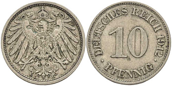 ГЕРМАНИЯ 10 ПФЕННИГОВ 1912 E KM 12, J. 13 медно-никель 33-616