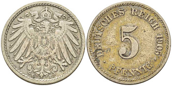 ГЕРМАНИЯ 5 ПФЕННИГОВ 1905 E KM 11, J. 12, Weege 6 медно-никель 206-939